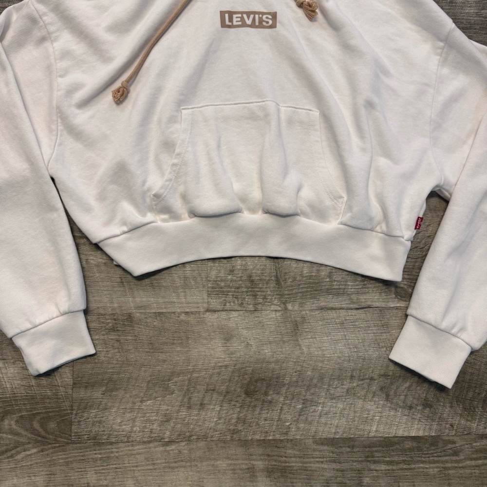 Levi’s Women’s Cropped Pullover Hoodie White Sz. S Drawstring - Picture 4 of 8